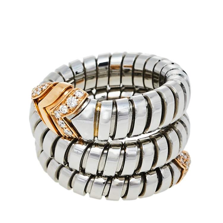 Pre Owned Bvlgari Serpenti Tubogas 18K Rose Gold Stainless Steel Double Spiral Ring Size 50.5