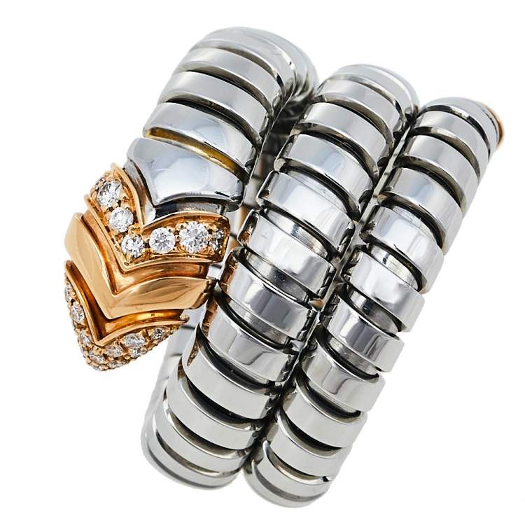 Pre Owned Bvlgari Serpenti Tubogas 18K Rose Gold Stainless Steel Double Spiral Ring Size 50.5