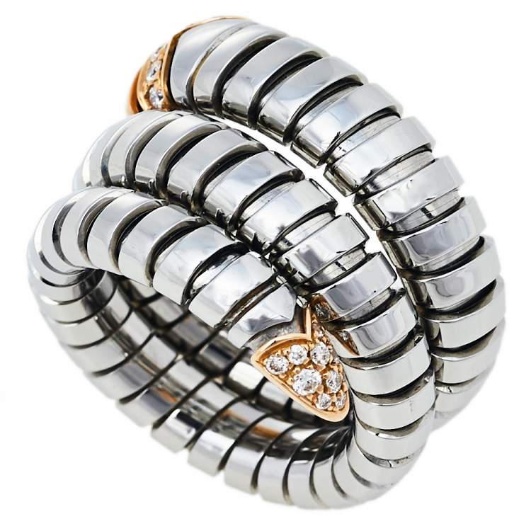 Pre Owned Bvlgari Serpenti Tubogas 18K Rose Gold Stainless Steel Double Spiral Ring Size 50.5