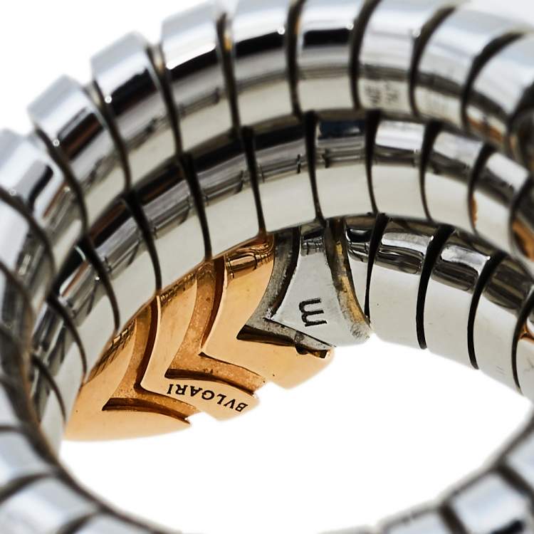 Pre Owned Bvlgari Serpenti Tubogas 18K Rose Gold Stainless Steel Double Spiral Ring Size 50.5