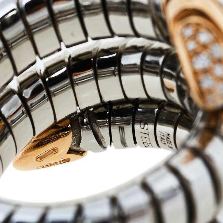 Pre Owned Bvlgari Serpenti Tubogas 18K Rose Gold Stainless Steel Double Spiral Ring Size 50.5