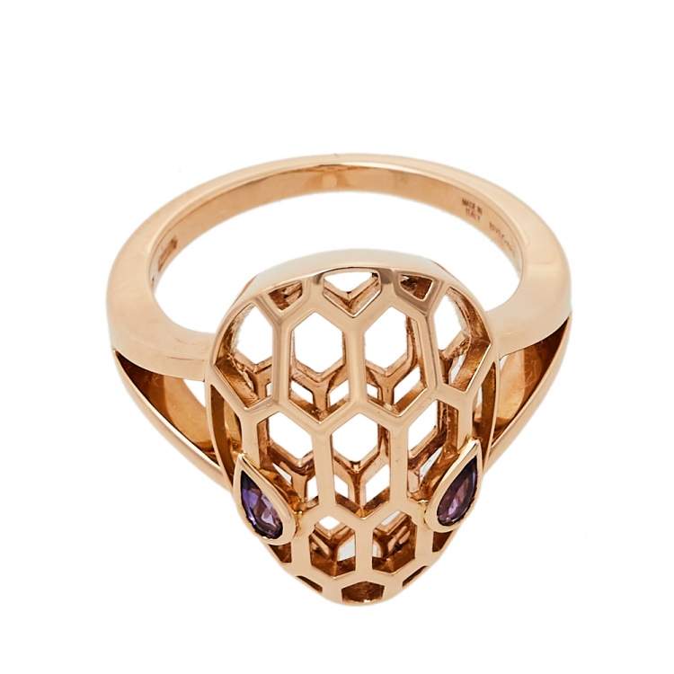 Pre Owned Bvlgari Serpenti Amethyst 18K Rose Gold Cocktail Ring Size 52.5