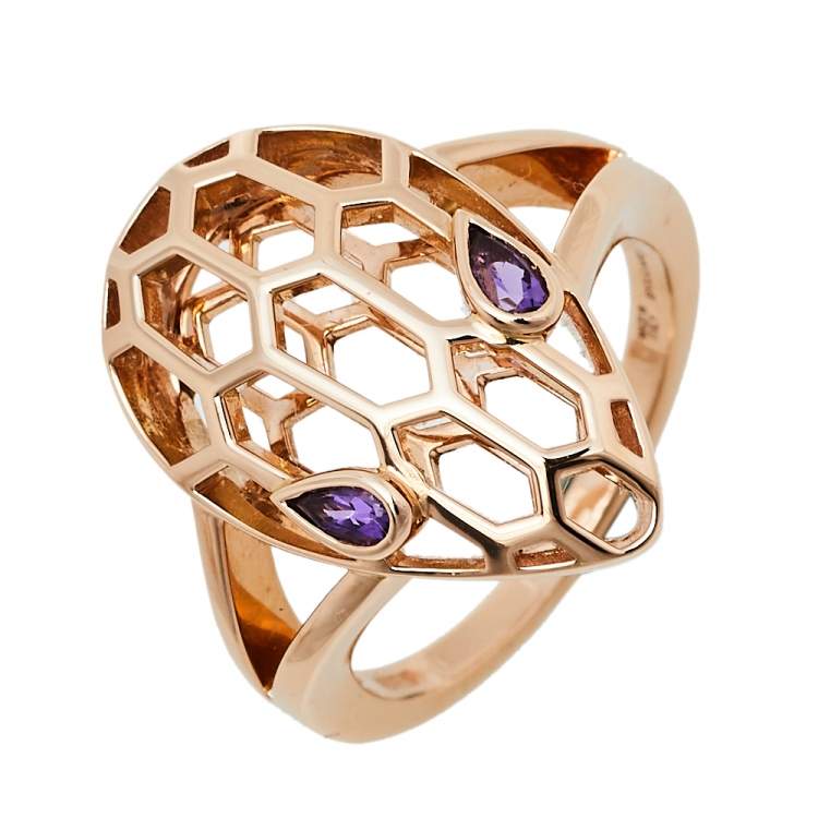 Pre Owned Bvlgari Serpenti Amethyst 18K Rose Gold Cocktail Ring Size 52.5
