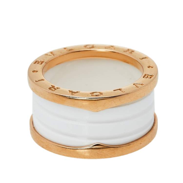 Pre Owned Bvlgari B.Zero1 White Ceramic 18k Rose Gold 4 Band Ring Size 55