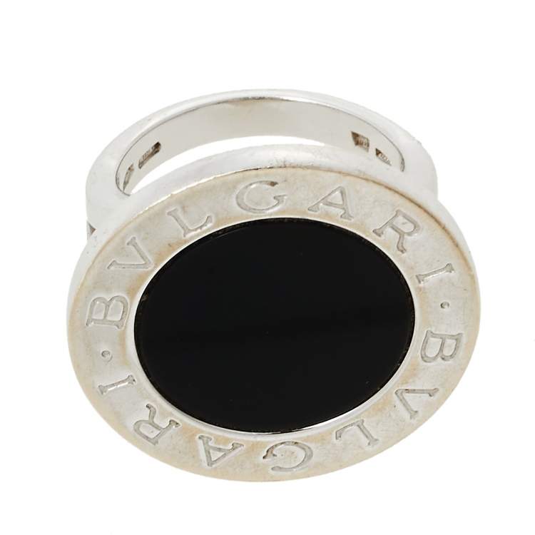 Pre Owned Bvlgari Onyx Inlay 18k White Gold Circular Ring Size 55