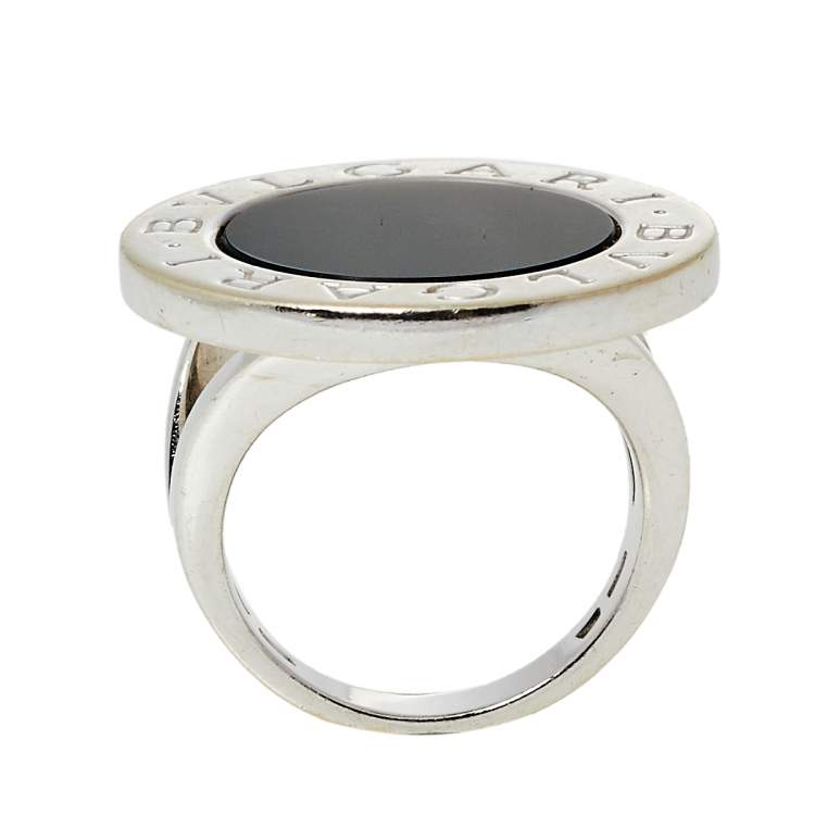 Pre Owned Bvlgari Onyx Inlay 18k White Gold Circular Ring Size 55