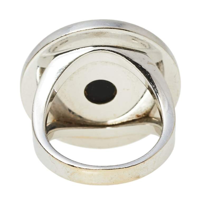 Pre Owned Bvlgari Onyx Inlay 18k White Gold Circular Ring Size 55