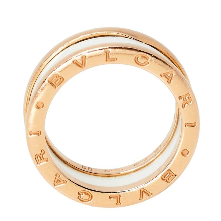 Pre Owned Bvlgari B.Zero1 Ceramic 18K Rose Gold Two Band Ring Size 58