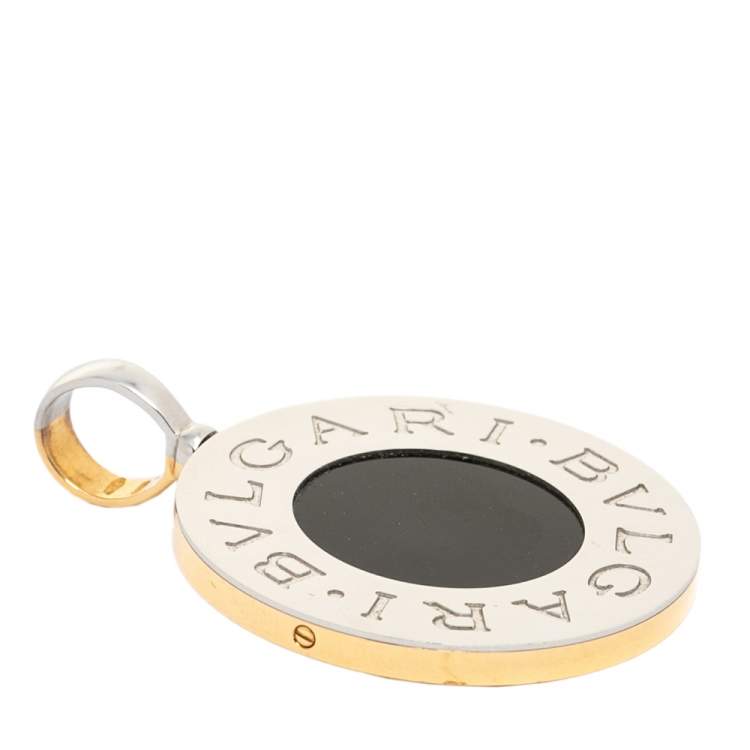 Pre Owned Bvlgari Onyx Stainless Steel & Mother of Pearl 18K Yellow Gold Reversible Large Pendant
