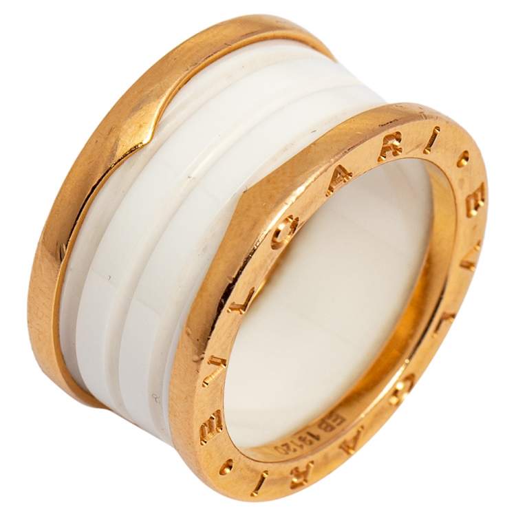 Pre Owned Bvlgari B.Zero1 White Ceramic 18k Rose Gold Band Ring Size 56