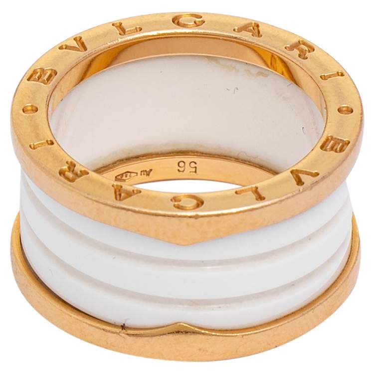 Pre Owned Bvlgari B.Zero1 White Ceramic 18k Rose Gold Band Ring Size 56