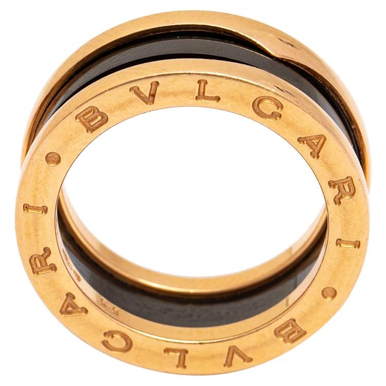 Pre Owned Bvlgari B.Zero1 Black Ceramic 18k Rose Gold Narrow Band Ring Size 55