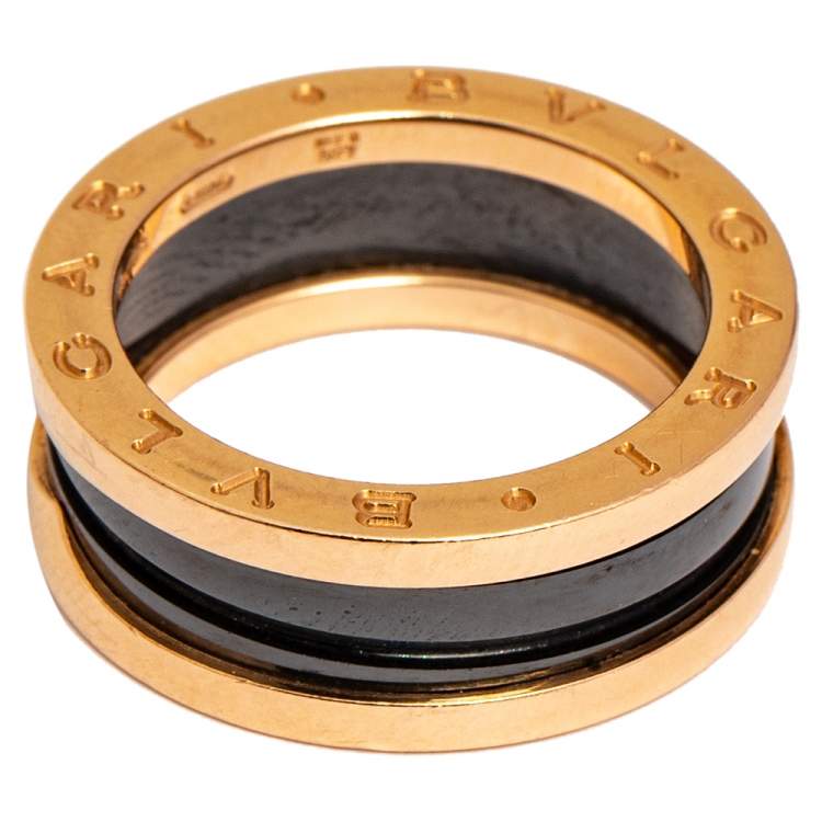 Pre Owned Bvlgari B.Zero1 Black Ceramic 18k Rose Gold Narrow Band Ring Size 55