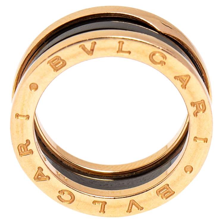 Pre Owned Bvlgari B.Zero1 Black Ceramic 18k Rose Gold Narrow Band Ring Size 55