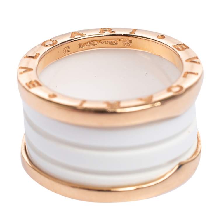 Pre Owned Bvlgari B.Zero1 White Ceramic 18k Rose Gold Band Ring Size 52