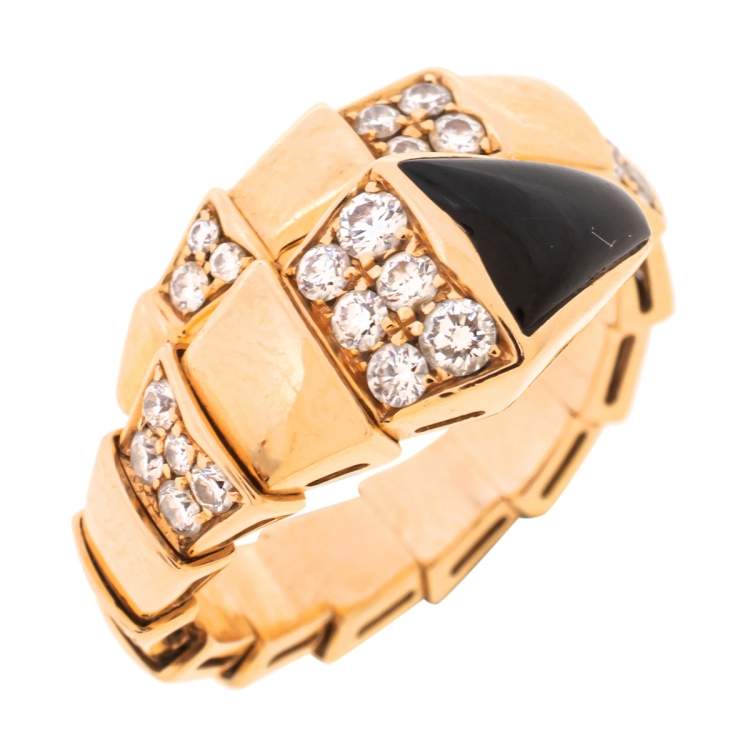 Pre Owned Bvlgari Serpenti Viper Diamond Onyx 18k Rose Gold Adjustable Ring Size L