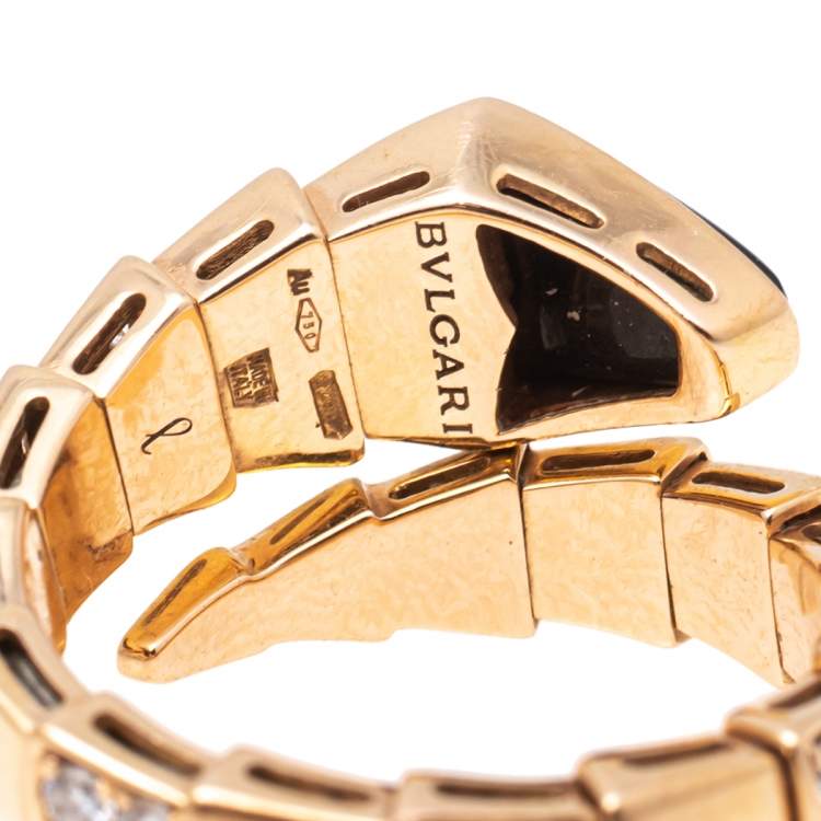 Pre Owned Bvlgari Serpenti Viper Diamond Onyx 18k Rose Gold Adjustable Ring Size L