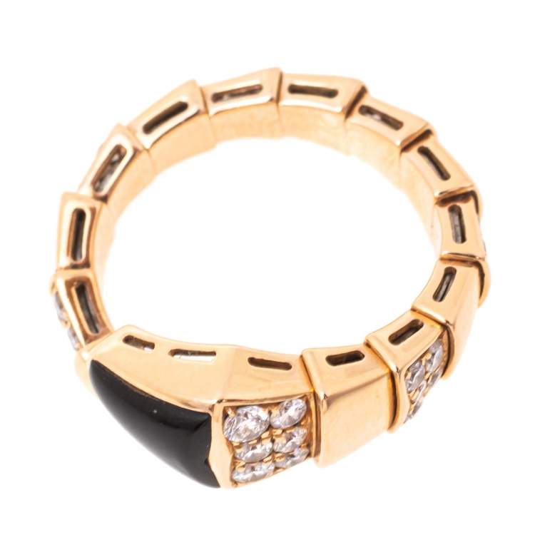 Pre Owned Bvlgari Serpenti Viper Diamond Onyx 18k Rose Gold Adjustable Ring Size L