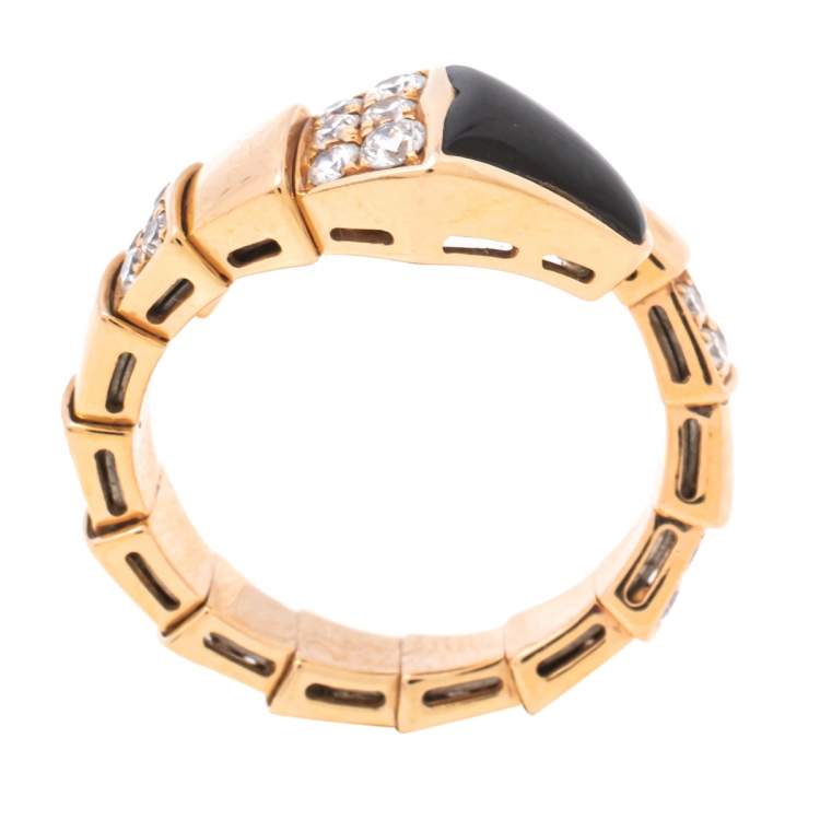 Pre Owned Bvlgari Serpenti Viper Diamond Onyx 18k Rose Gold Adjustable Ring Size L