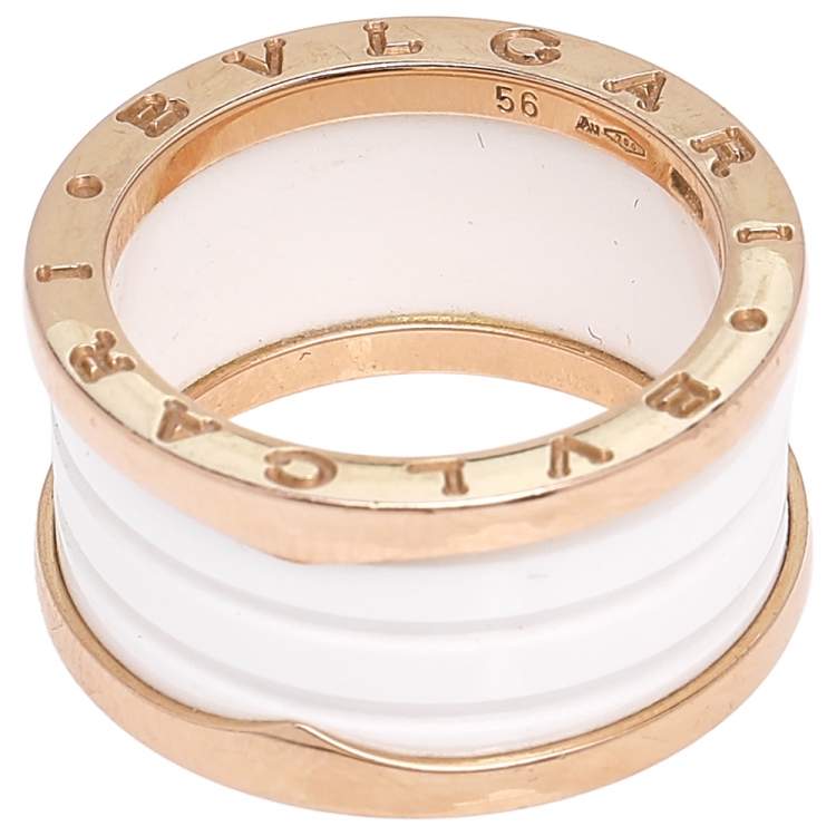 Pre Owned Bvlgari B.Zero1 White Ceramic 18k Rose Gold 4-Band Ring Size 56