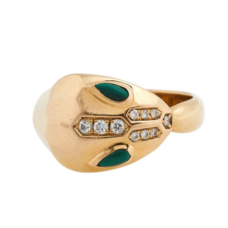 Pre Owned Bvlgari Serpenti Malachite Diamond 18K Rose Gold Ring Size 50.5
