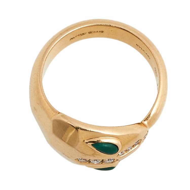 Pre Owned Bvlgari Serpenti Malachite Diamond 18K Rose Gold Ring Size 50.5
