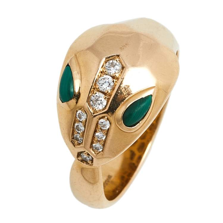Pre Owned Bvlgari Serpenti Malachite Diamond 18K Rose Gold Ring Size 50.5