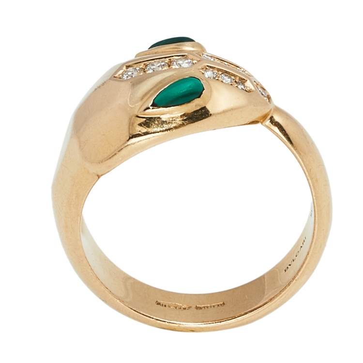 Pre Owned Bvlgari Serpenti Malachite Diamond 18K Rose Gold Ring Size 50.5