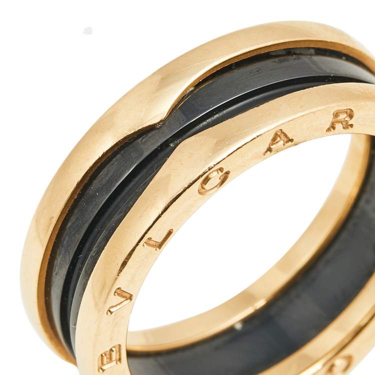 Pre Owned Bvlgari B.Zero1 Black Ceramic 18K Rose Gold 2 Band Ring Size 64