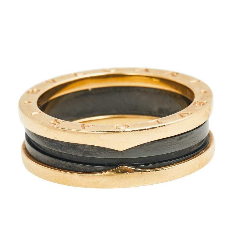 Pre Owned Bvlgari B.Zero1 Black Ceramic 18K Rose Gold 2 Band Ring Size 64