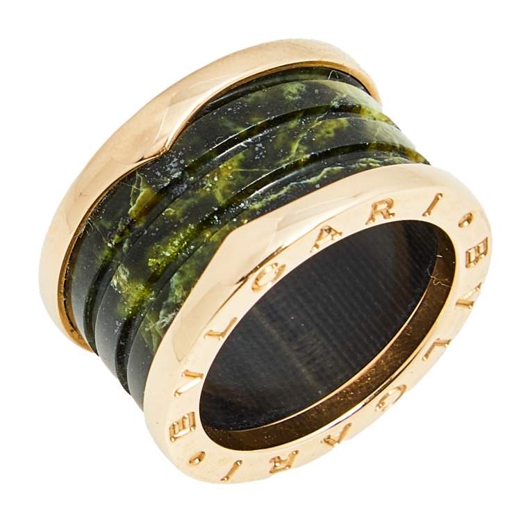 Pre Owned Bvlgari B.Zero1 Green Marble 18K Rose Gold Band Ring 50