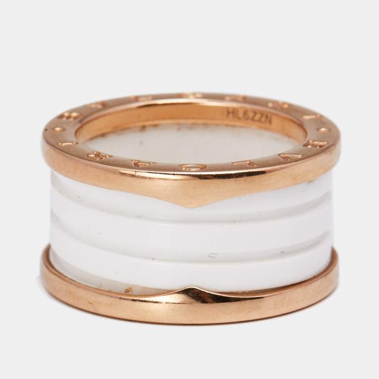 Pre Owned Bvlgari B.Zero1 White Ceramic 18k Rose Gold 4-Band Ring Size 55