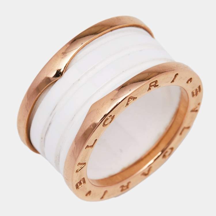 Pre Owned Bvlgari B.Zero1 White Ceramic 18k Rose Gold 4-Band Ring Size 55