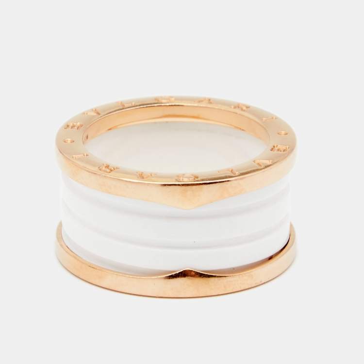 Pre Owned Bvlgari B.Zero1 White Ceramic 18K Rose Gold Band Ring Size 57