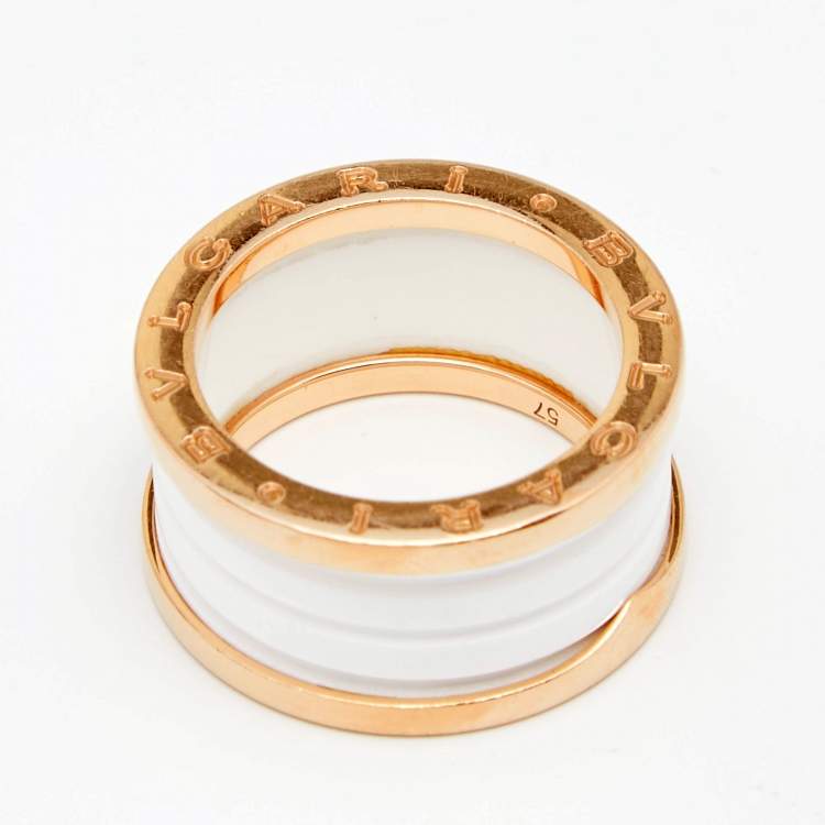 Pre Owned Bvlgari B.Zero1 White Ceramic 18K Rose Gold Band Ring Size 57