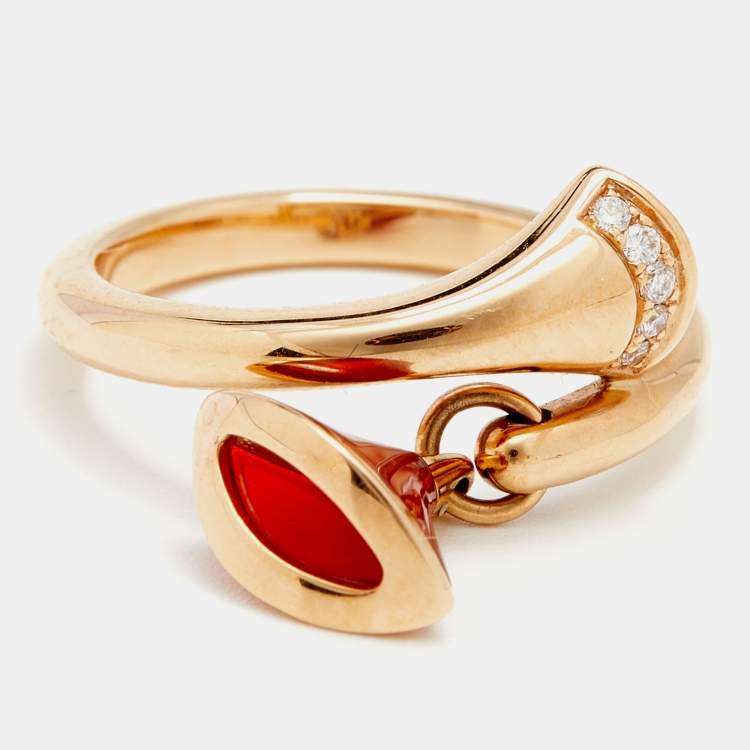 Pre Owned Bvlgari Divas' Dream Carnelian Diamonds 18k Rose Gold Charm Ring Size 51