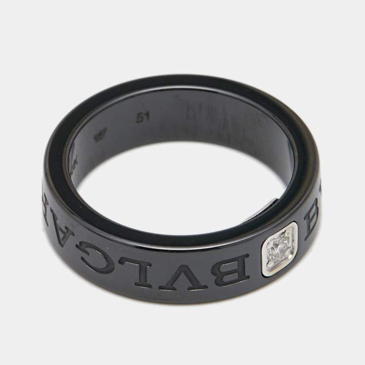 Pre Owned Bvlgari Bvlgari Diamond Black Ceramic 18k White Gold Band Ring Size 51