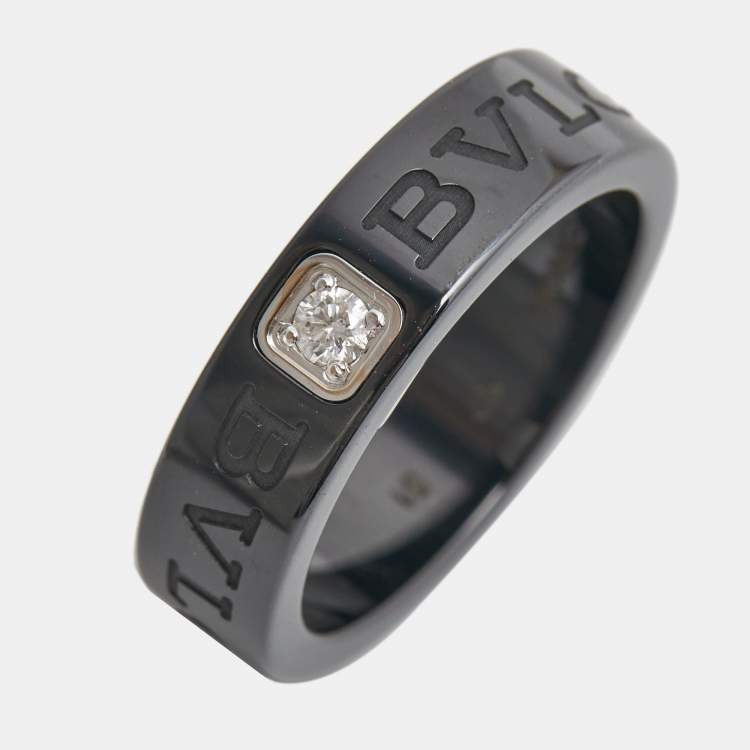 Pre Owned Bvlgari Bvlgari Diamond Black Ceramic 18k White Gold Band Ring Size 51