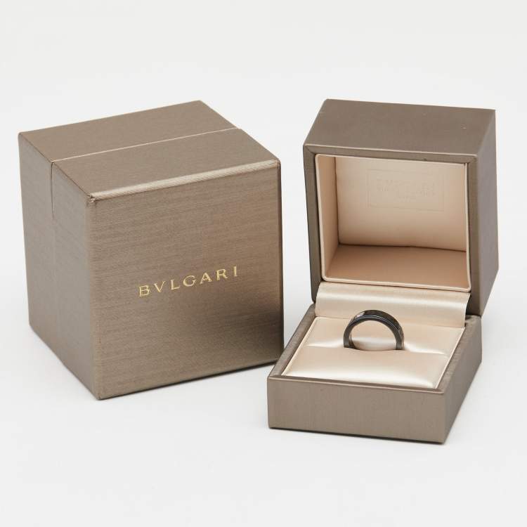 Pre Owned Bvlgari Bvlgari Diamond Black Ceramic 18k White Gold Band Ring Size 51