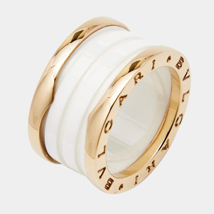 Pre Owned Bvlgari B.Zero1 White Ceramic 18k Rose Gold 4-Band Ring Size 52
