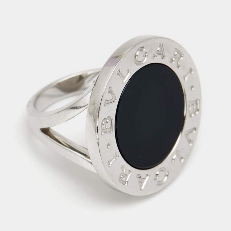 Pre Owned Bvlgari Bvlgari Onyx 18k White Gold Circular Ring  Size 55