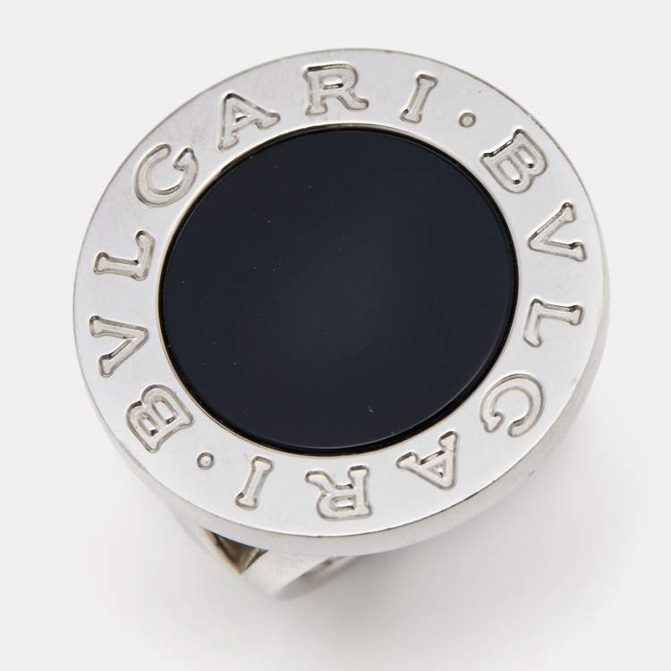 Pre Owned Bvlgari Bvlgari Onyx 18k White Gold Circular Ring  Size 55