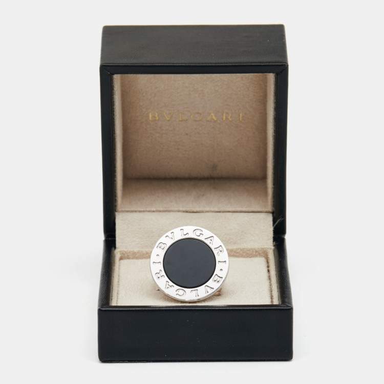 Pre Owned Bvlgari Bvlgari Onyx 18k White Gold Circular Ring  Size 55