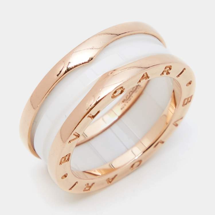 Pre Owned Bvlgari B.Zero1 White Ceramic 18k Rose Gold 2-Band Ring Size 56