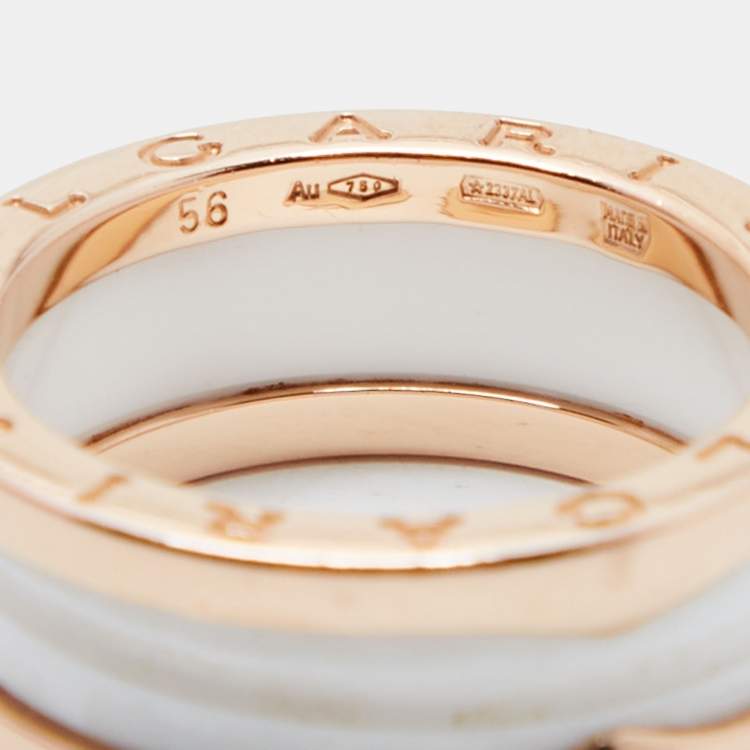 Pre Owned Bvlgari B.Zero1 White Ceramic 18k Rose Gold 2-Band Ring Size 56
