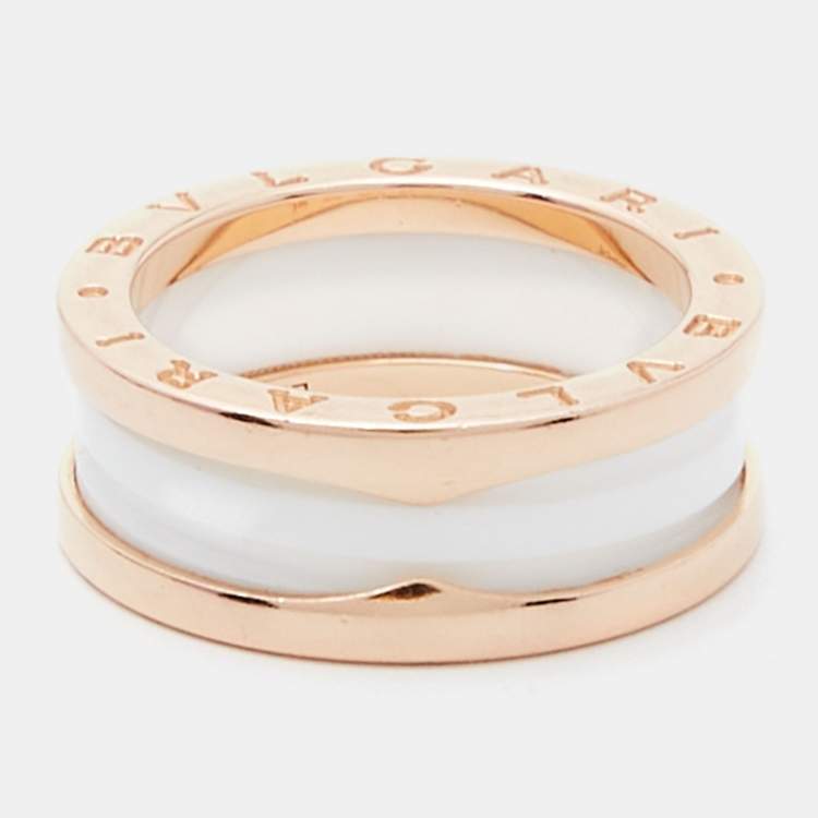 Pre Owned Bvlgari B.Zero1 White Ceramic 18k Rose Gold 2-Band Ring Size 56