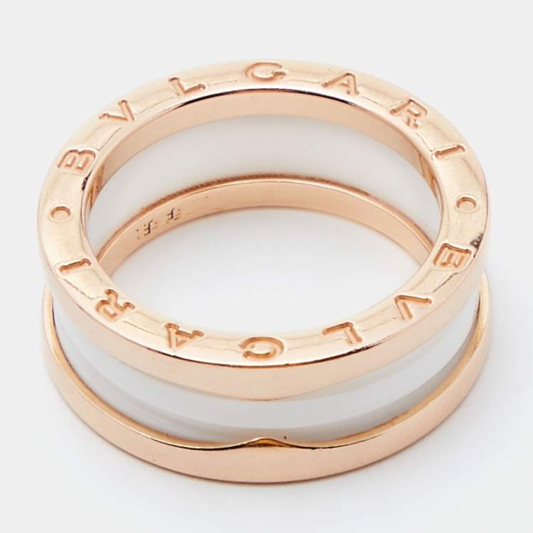 Pre Owned Bvlgari B.Zero1 White Ceramic 18k Rose Gold 2-Band Ring Size 56