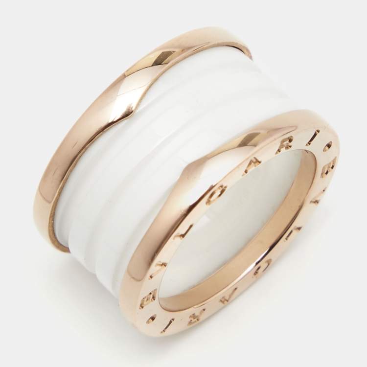 Pre Owned Bvlgari B.Zero White Ceramic 18k Rose Gold 4-Band Ring Size 51