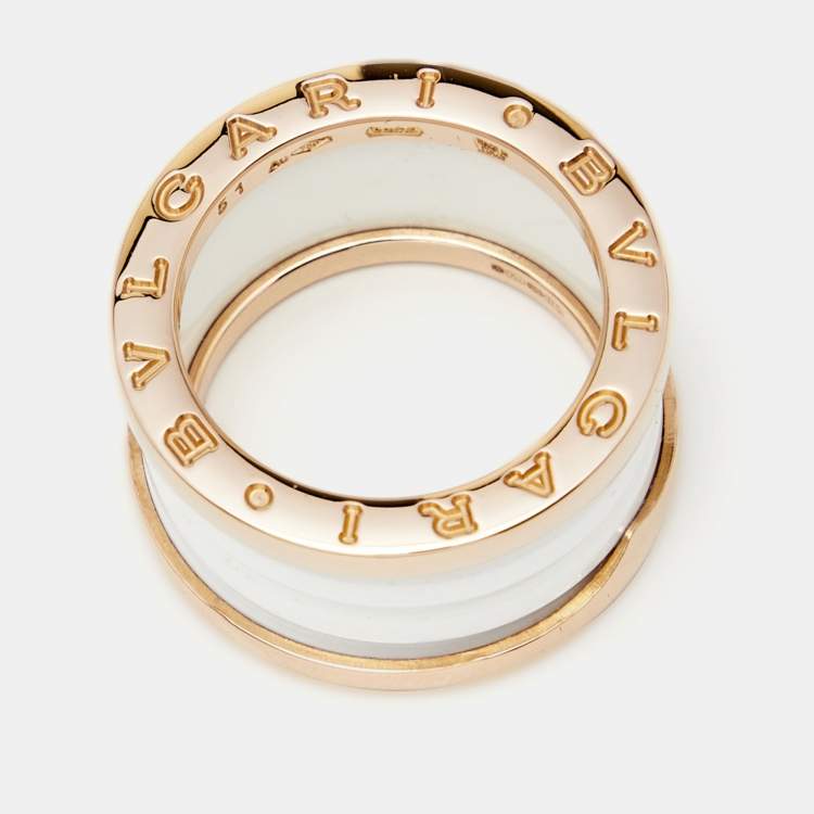 Pre Owned Bvlgari B.Zero White Ceramic 18k Rose Gold 4-Band Ring Size 51