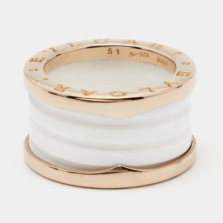 Pre Owned Bvlgari B.Zero White Ceramic 18k Rose Gold 4-Band Ring Size 51